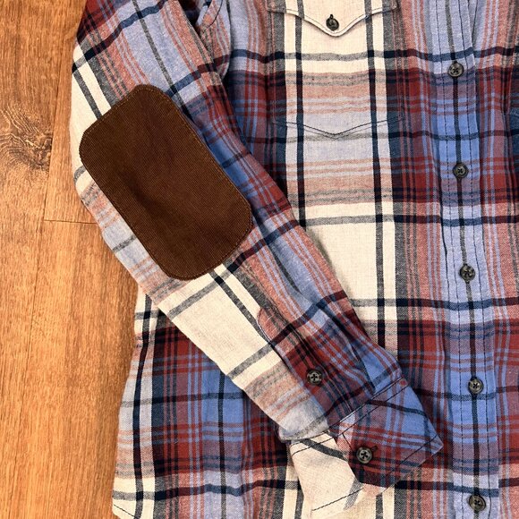 Kavu Flannel Blue Brown Plaid Corduroy Elbow Patch Outdoor Size XL - Picture 3 of 11